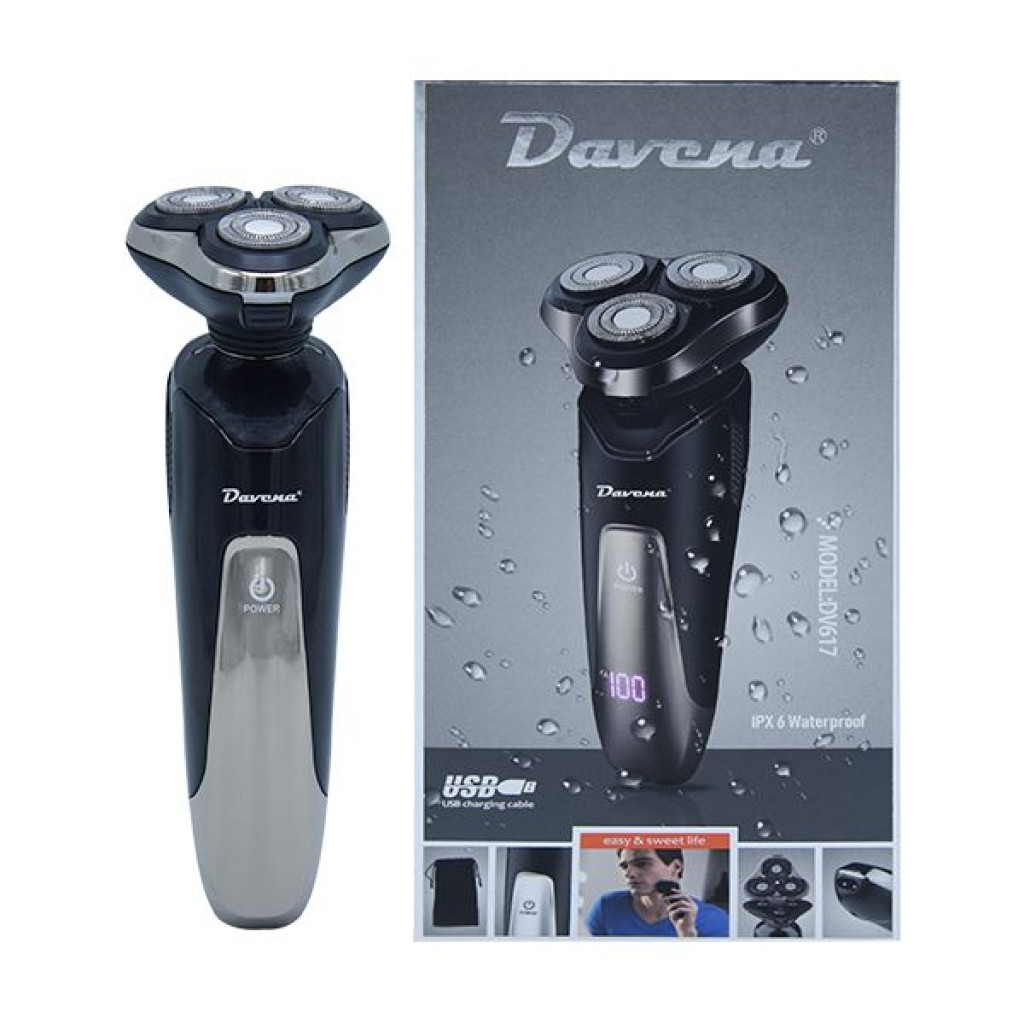 ماكينة حلاقة تنعيم بثلاث رؤوس مع شاشة رقمية ضد الماء لون اسود DV-617 دافينا