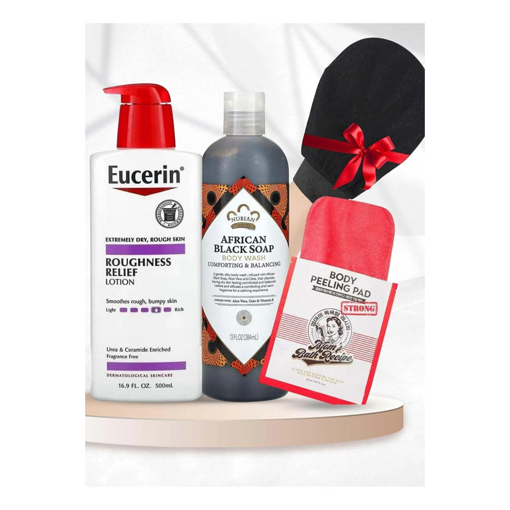 1 Mom's Best Friend باقة تقشير وترطيب الجسم – ليفة مومز باث الكورية + غسول صابون أفريقي + لوشن يوسيرين + ليفة كورية هدية