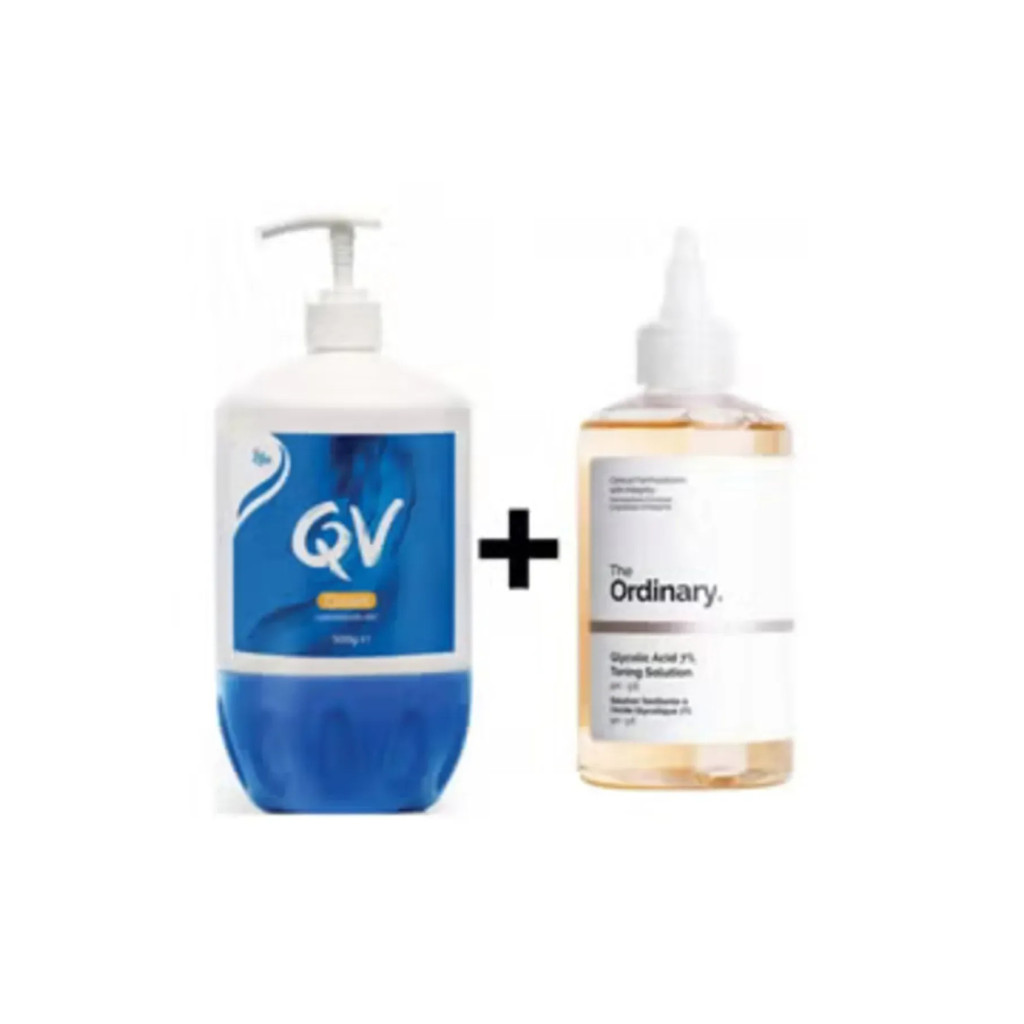 Qv محلول تفتيح البشرة Galicolic Acid 7% من The Ordinary وكريم QV لتجديد البشرة للبشرة الجافة