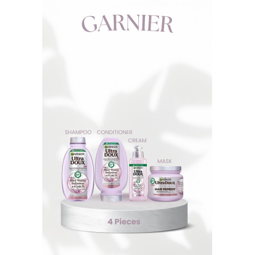 Garnier مجموعة الشعر بماء الأرز والنشأ من غارنيه الترا دوكس (شامبو400مل+بلسم360مل+كريم200مل+ماسك340مل)