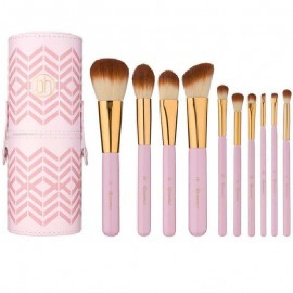 طقم فرش مكياج مكون من 10 قطع وردي/ذهبي من بي اتش كوزماتيكس